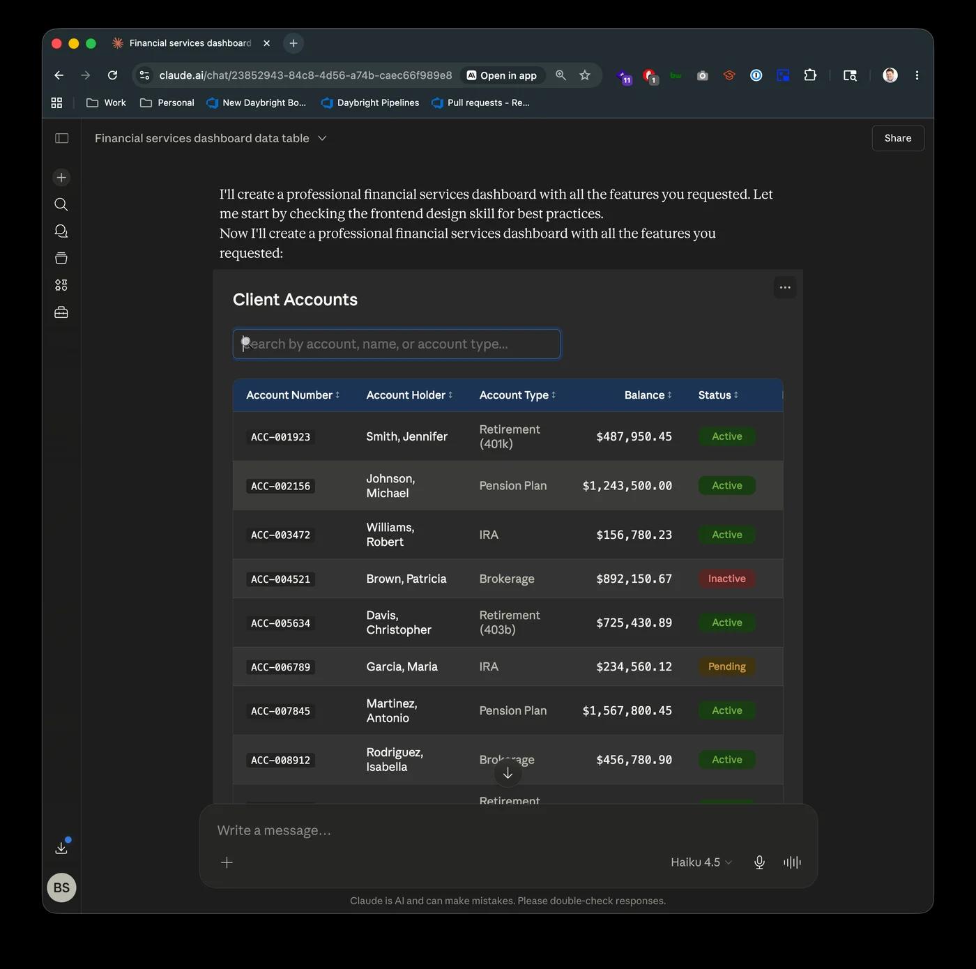 Claude's response showing a rendered financial data table directly in the chat interface