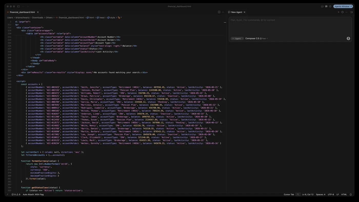 Cursor editor with table.html open in the main panel and the AI chat panel visible on the right