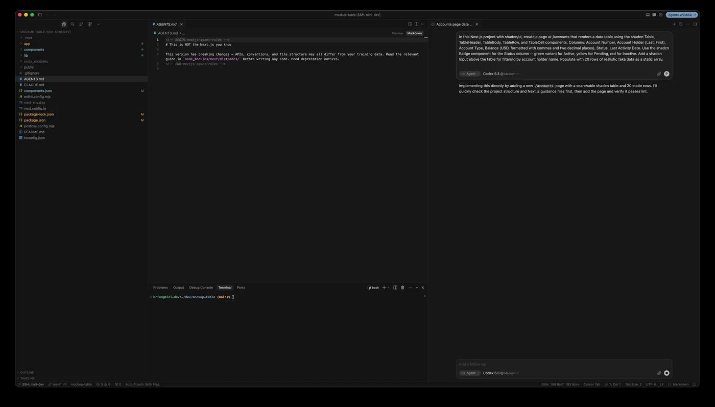 Cursor open with a Next.js project, showing the file tree, the shadcn accounts page prompt in the AI chat panel, and the editor