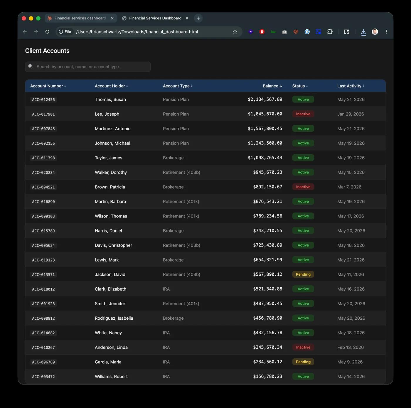 The generated table.html file open in a browser showing a complete financial accounts table with search bar, sortable columns, and status badges