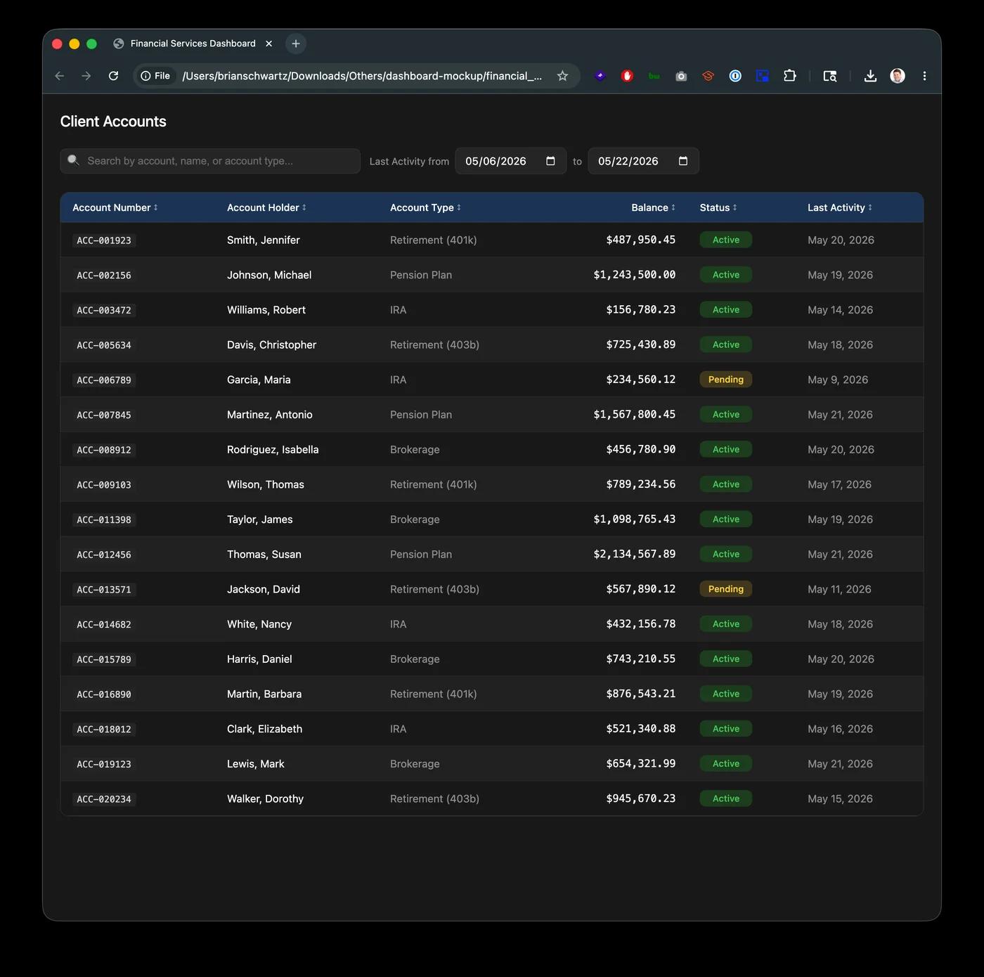 The updated table in the browser with a date range filter visible above the data rows
