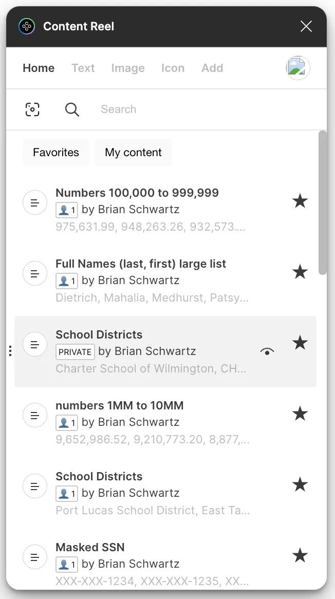 Content Reel plugin showing the My content tab with custom datasets including Numbers 100,000 to 999,999, Full Names (last, first), School Districts (Private), and Masked SSN