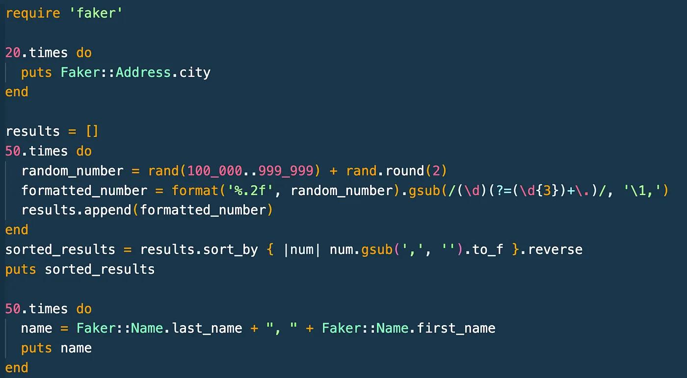 Ruby Faker script generating city names, formatted dollar amounts sorted descending, and full names in Last, First format