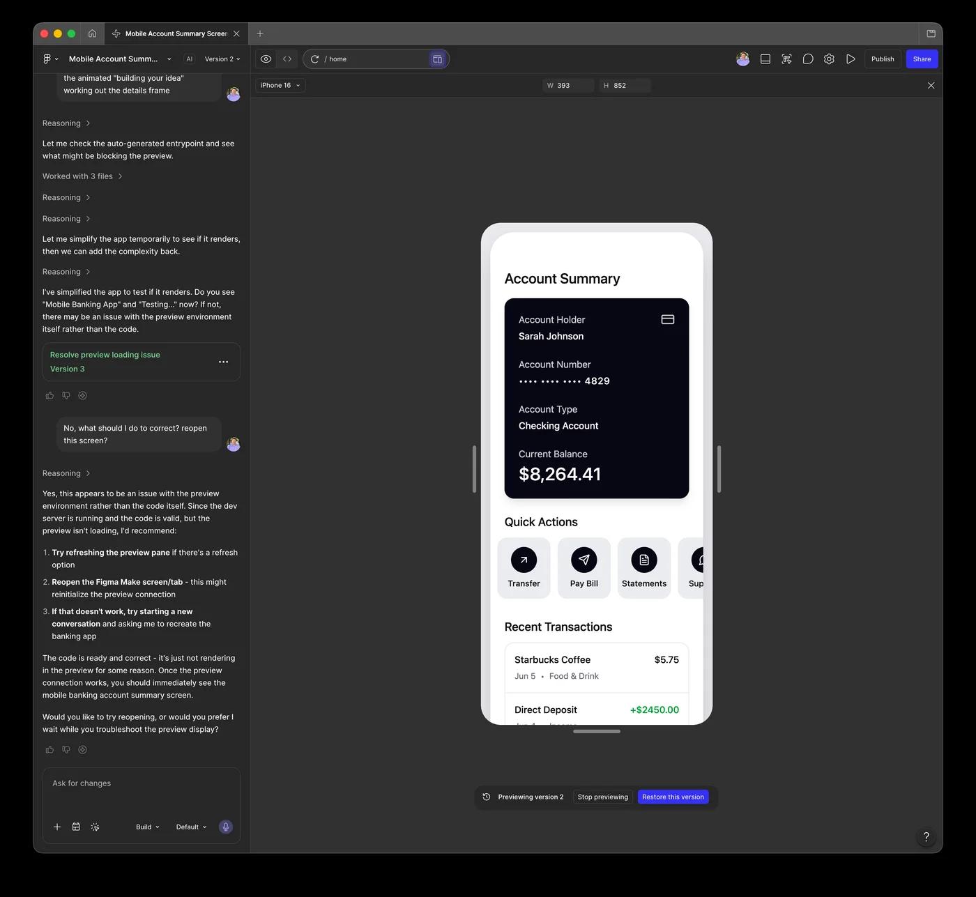 The generated mobile banking frames on the Figma canvas with the layers panel showing component instances from the connected library