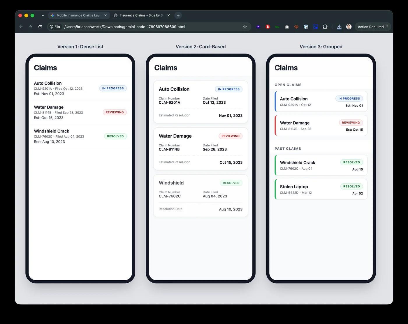 Three generated HTML insurance claims screens open side by side in a browser at 390px each, showing the dense list, card, and grouped layout approaches