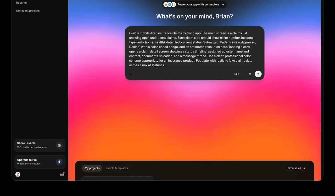 Lovable dashboard at lovable.dev/dashboard with the insurance claims app prompt entered in the input field