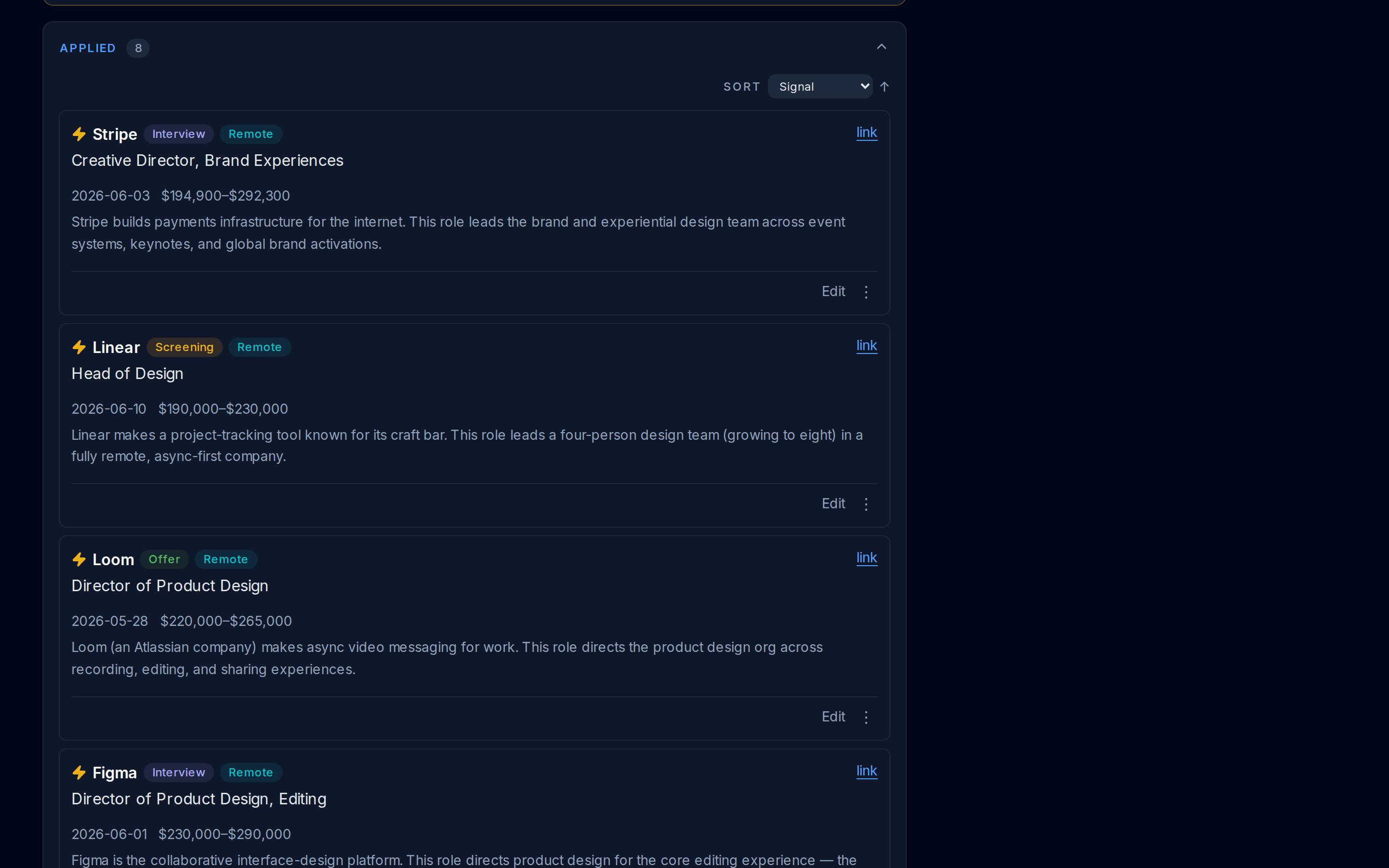 Job board — design user, dark mode