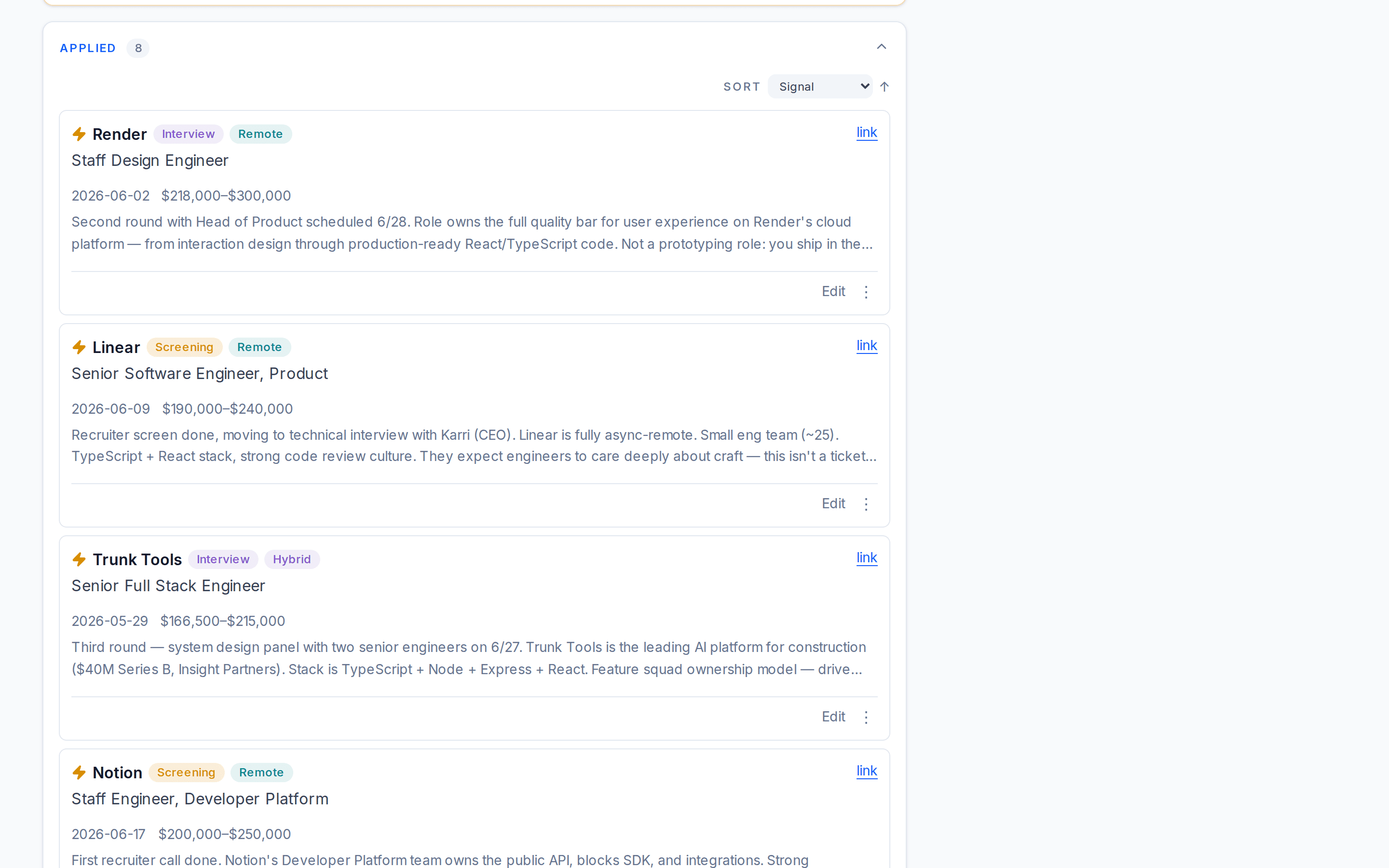 Job board — developer user, light mode