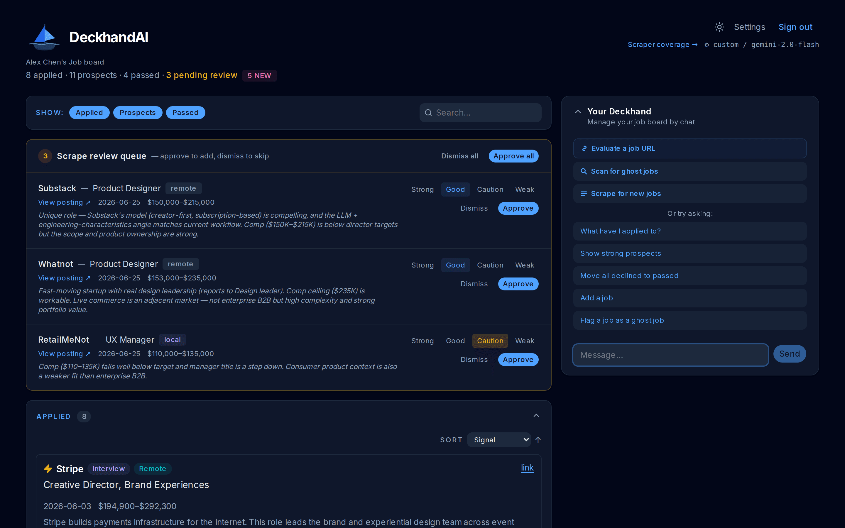 The Deckhand assistant's quick-action buttons for evaluating a job URL, scanning for ghost jobs, and scraping for new jobs, alongside a scrape review queue