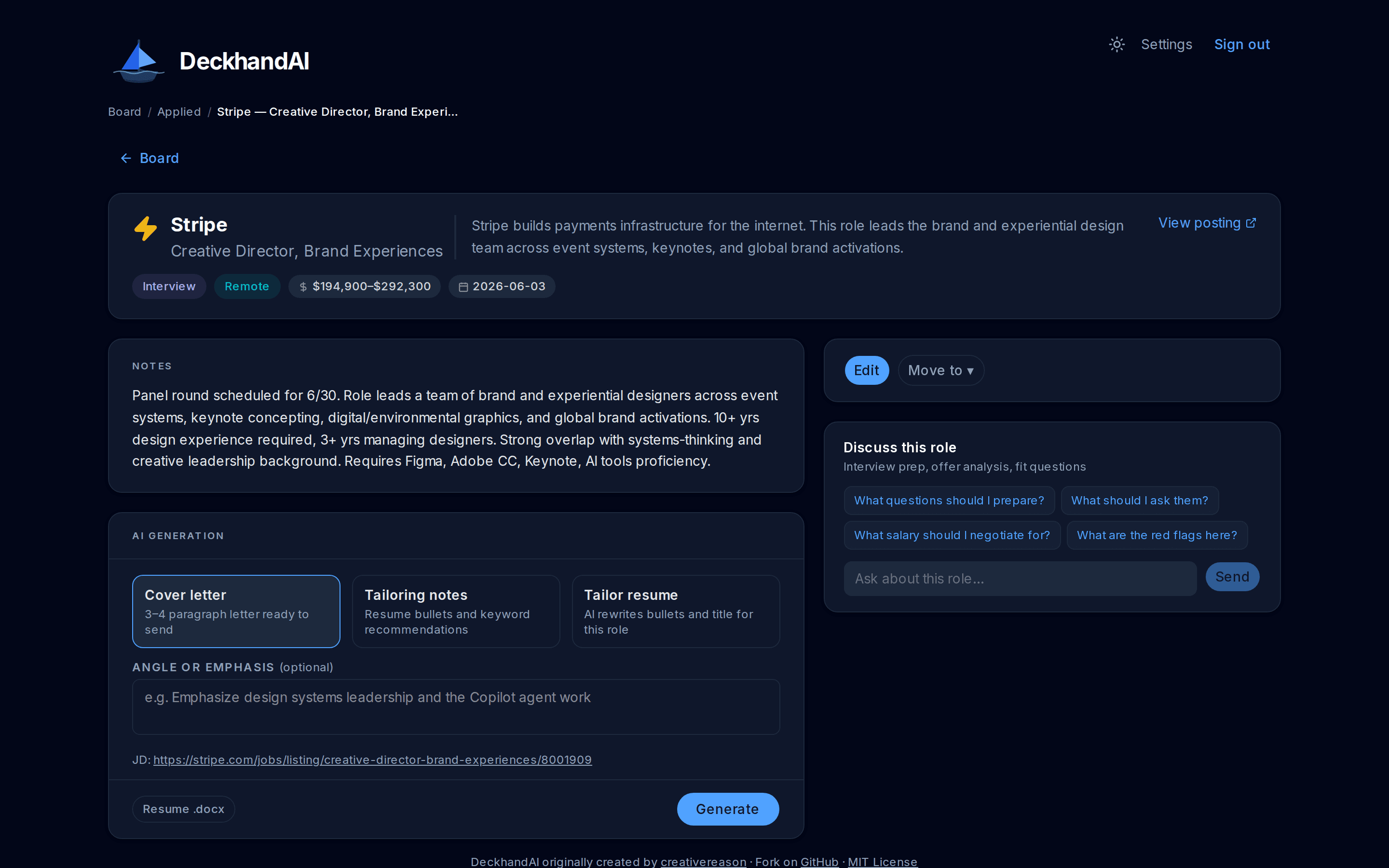 Job detail — interview stage, dark mode