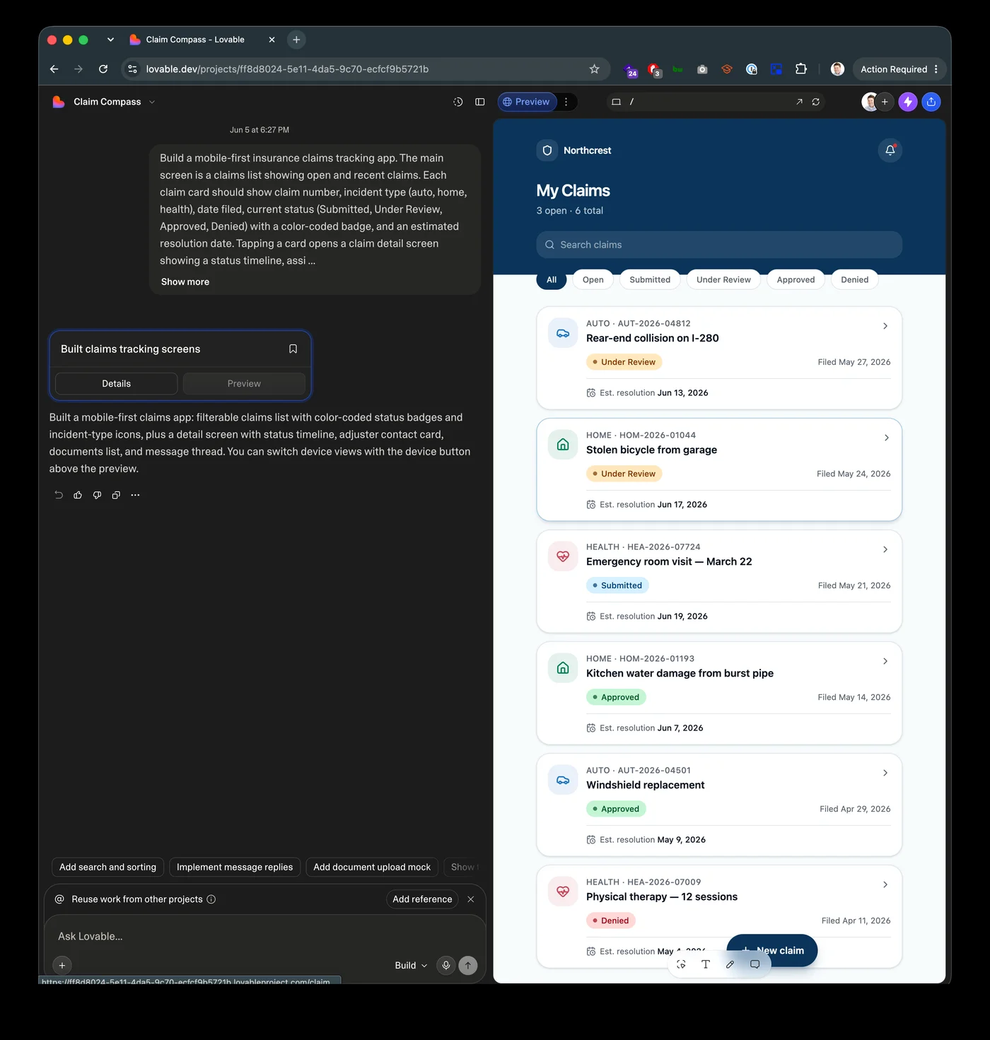 Lovable with the generated Claim Compass app in the right preview panel, showing the claims list screen with color-coded status badges and the conversation on the left