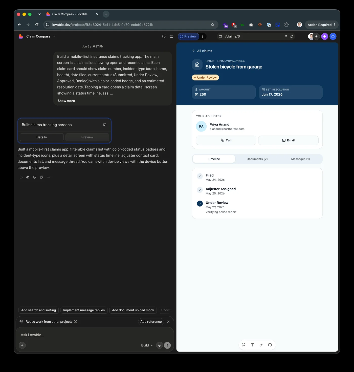 Lovable preview showing the claim detail Timeline tab with Filed, Adjuster Assigned, and Under Review status steps